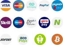 Logos of payment methods. Includes the logos of Visa, Mastercard, entropay, PayPal, paysafecard, Maestro, Bank Transfer, ecoPayz and Sofort.