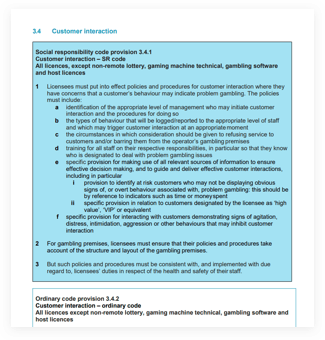 Page of the UKGC's Gambling Regulation that requires that customer support take measures to identify problem gambling behavior.