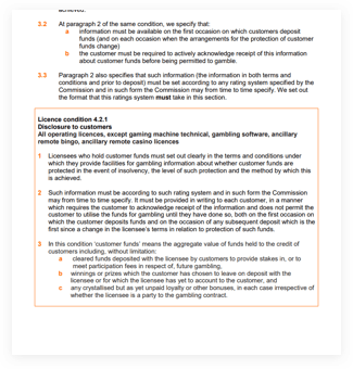 Page of the UK Gambling Commission's regulations. Page shows that casinos must disclose the level of protection they provide for player funds according to UKGC guidelines.