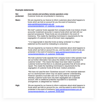 Page from the UKGC regulations for protection of player funds. Page displays the ratings categories for protection.